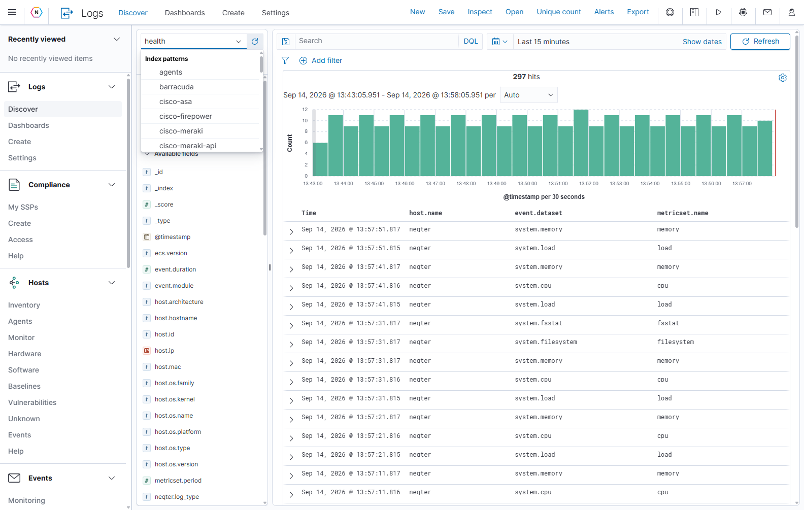 Discover with the data source selector open above the field list on the left.