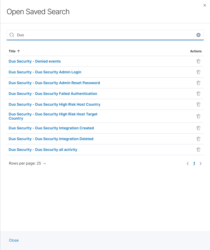 Open Saved Search filtered to Duo searches, with a Delete action for each row.