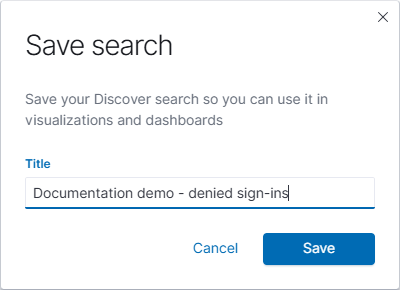 The Save search dialog with a fictional example title.