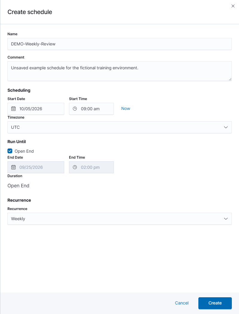 Unsaved weekly scanner schedule example with a fictional name and future start date in UTC. Creating a schedule and assigning it to a task are separate steps.