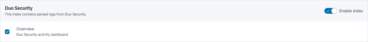Duo Security dashboard configuration with its Overview checkbox.