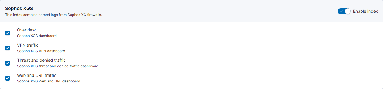 The Sophos XGS dashboard card shows its index switch and dashboard choices.
