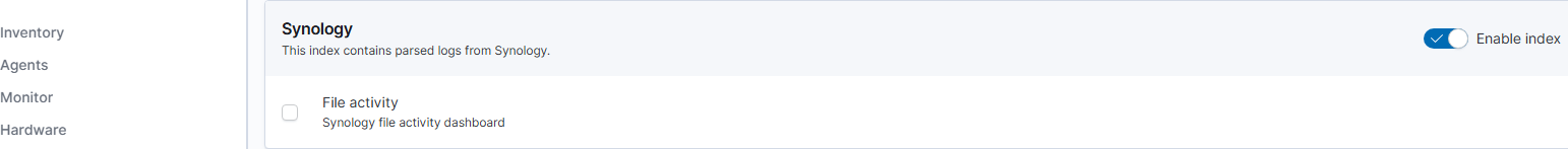 The Synology dashboard card shows its index switch and dashboard choices.