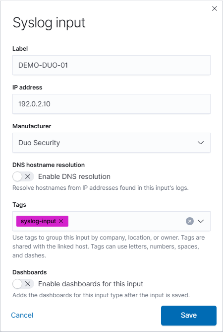 Fictional Duo Security syslog input example.