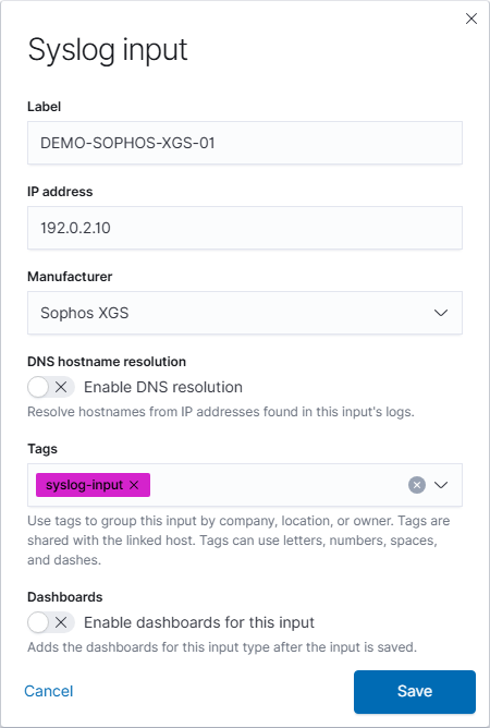 Fictional Sophos XGS Syslog input example with a documentation address.