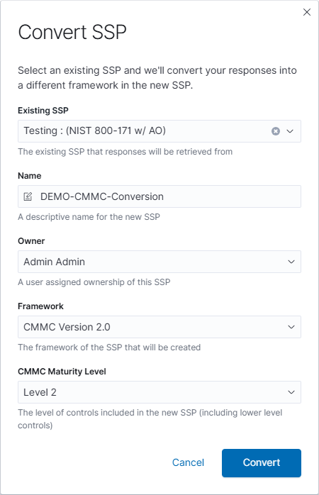 Unsaved fictional SSP conversion example, using the Testing source plan and CMMC Version 2.0 Level 2.