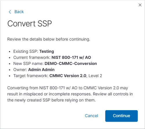 The conversion review shows the source and destination details, a mapping notice, and the final Continue button.