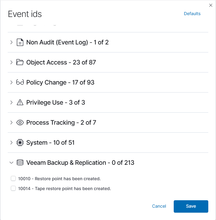 The Veeam Backup & Replication category contains the individual event IDs.