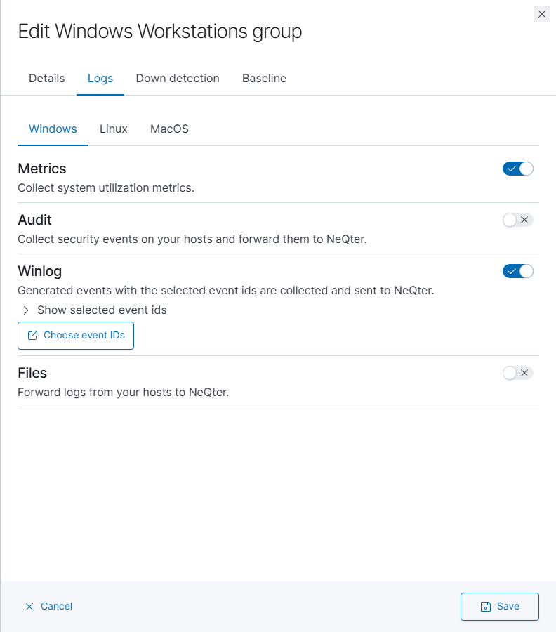 The group editor has separate Logs and Windows tabs, with Winlog and Choose event IDs controls.