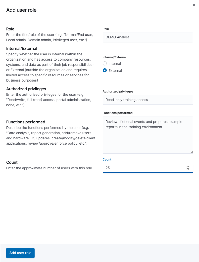 Unsaved user-role example with fictional duties, read-only training privileges, and an example count of 25 internal users. This form documents a role without creating login accounts.