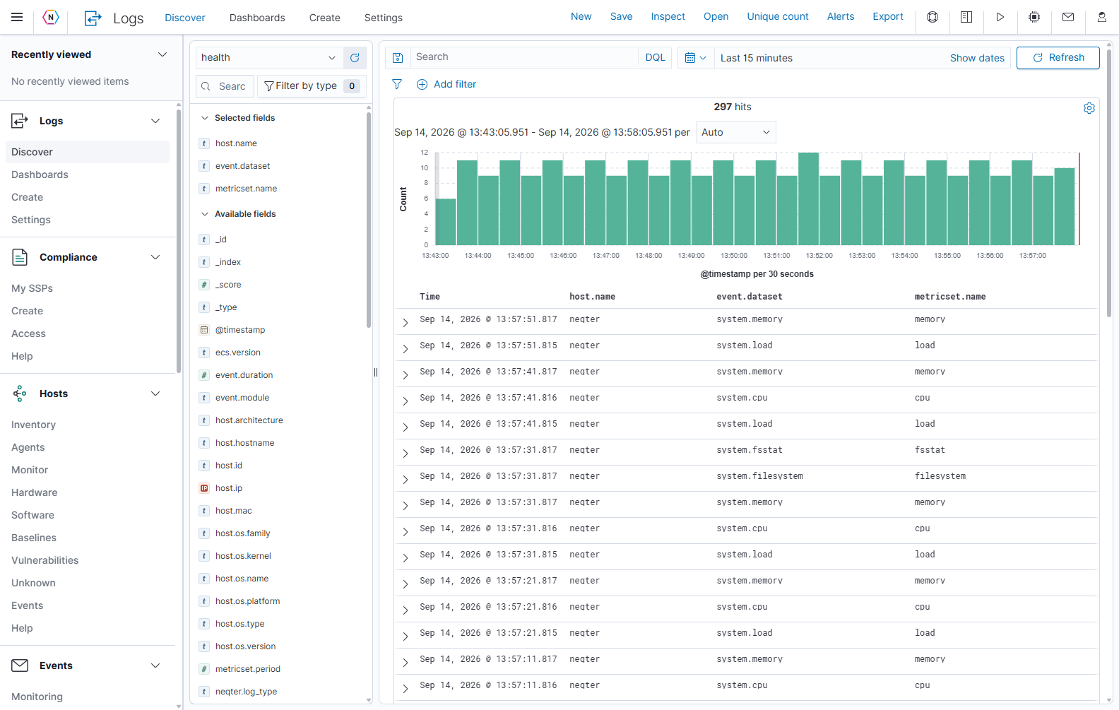 Discover overview: navigation on the far left, the health source and fields beside it, and the search controls, timeline, and event table on the right.