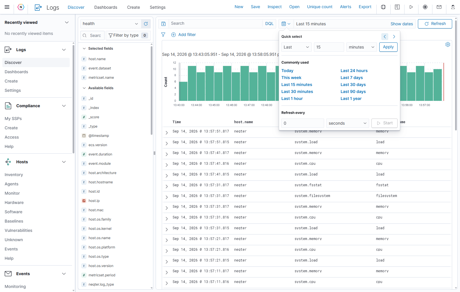 The calendar menu includes quick ranges, custom Last/Next intervals, recent ranges, and automatic refresh controls.