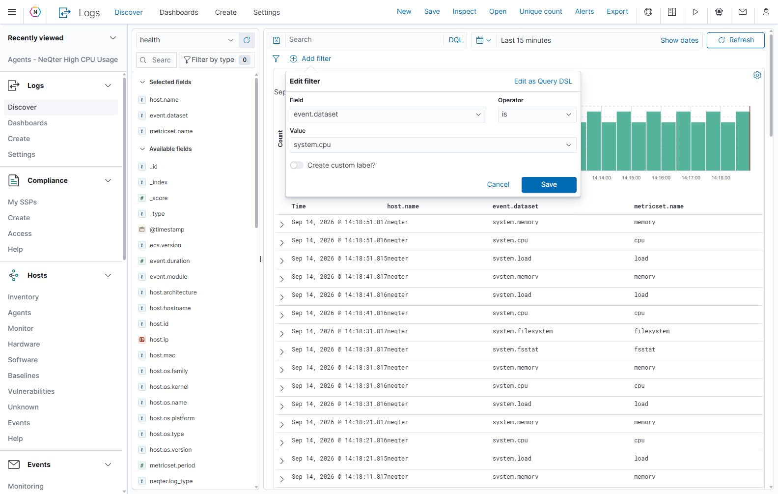 Add filter opens Edit filter; this example selects event.dataset is system.cpu.