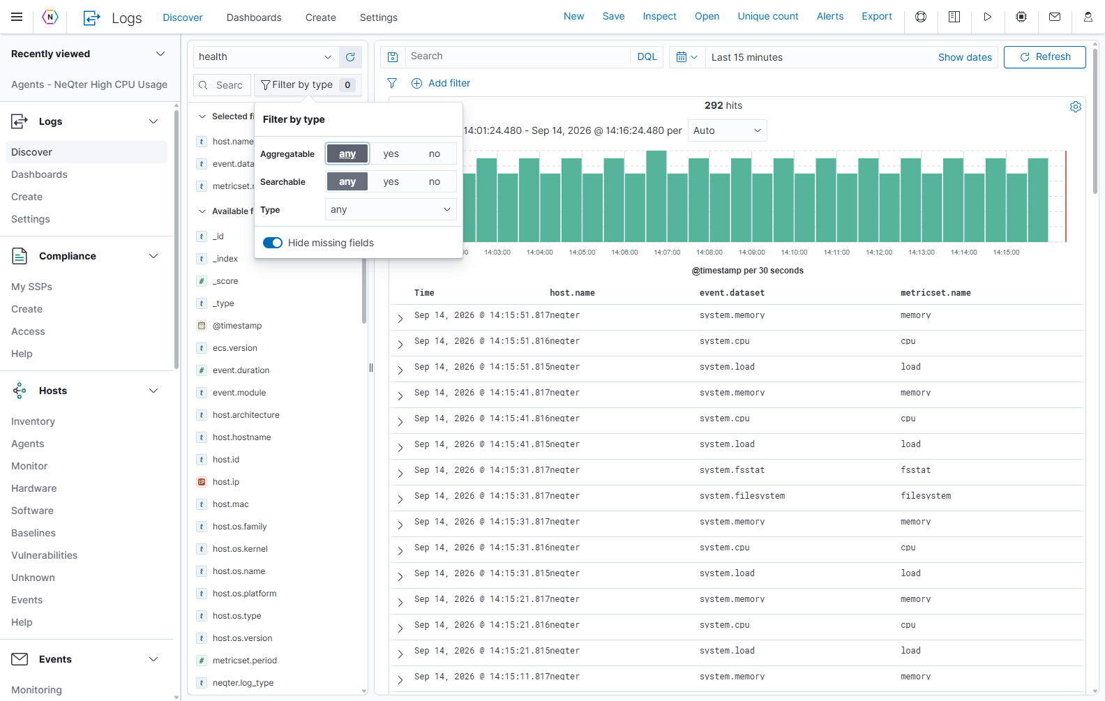 Filter by type narrows the sidebar by Aggregatable, Searchable, data type, and whether fields are missing from the current records.