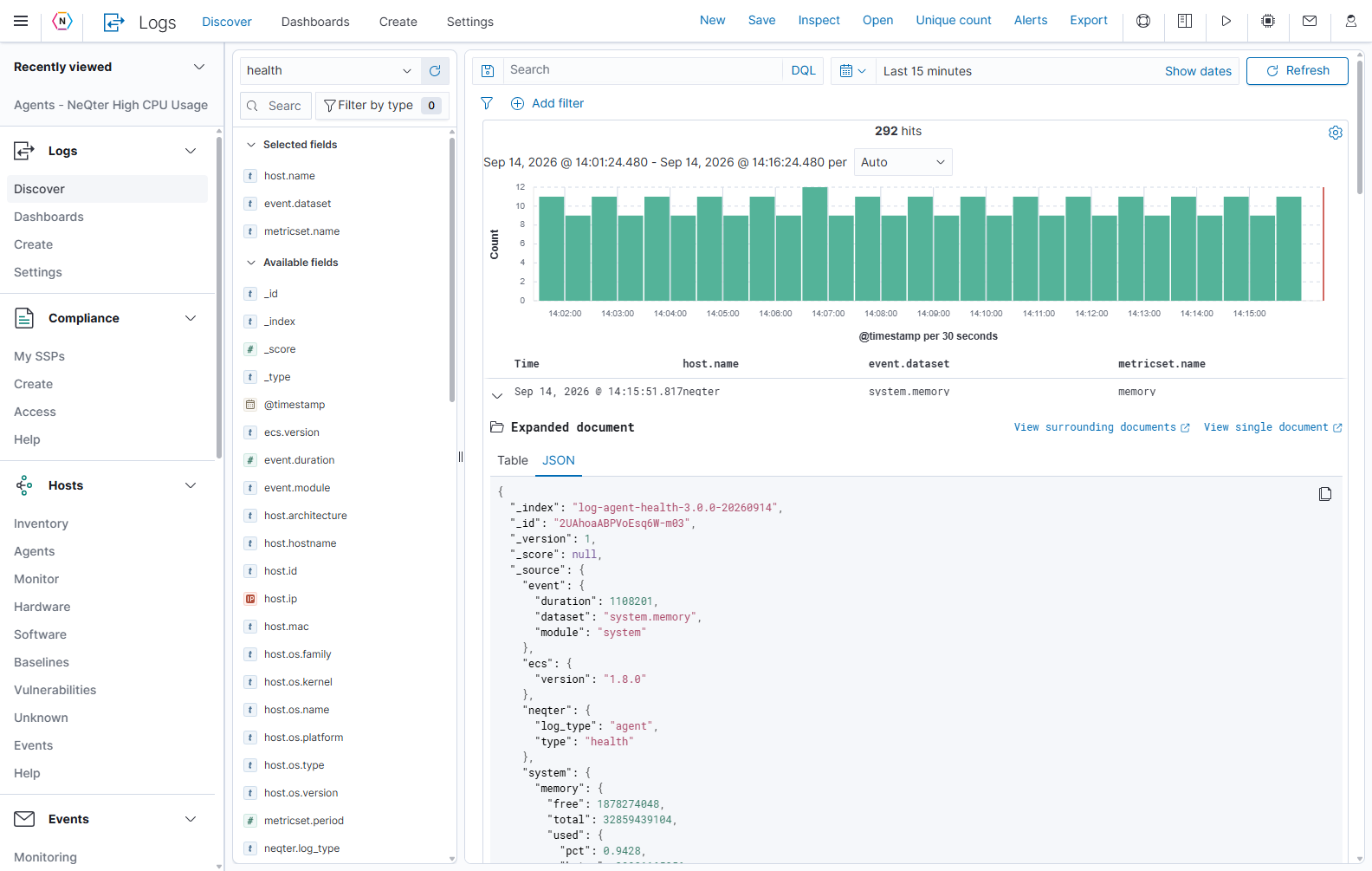 JSON view displays the structured event and provides a copy control.