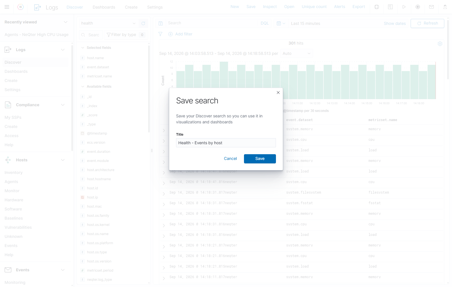 The toolbar's Save search dialog names a reusable Discover search.