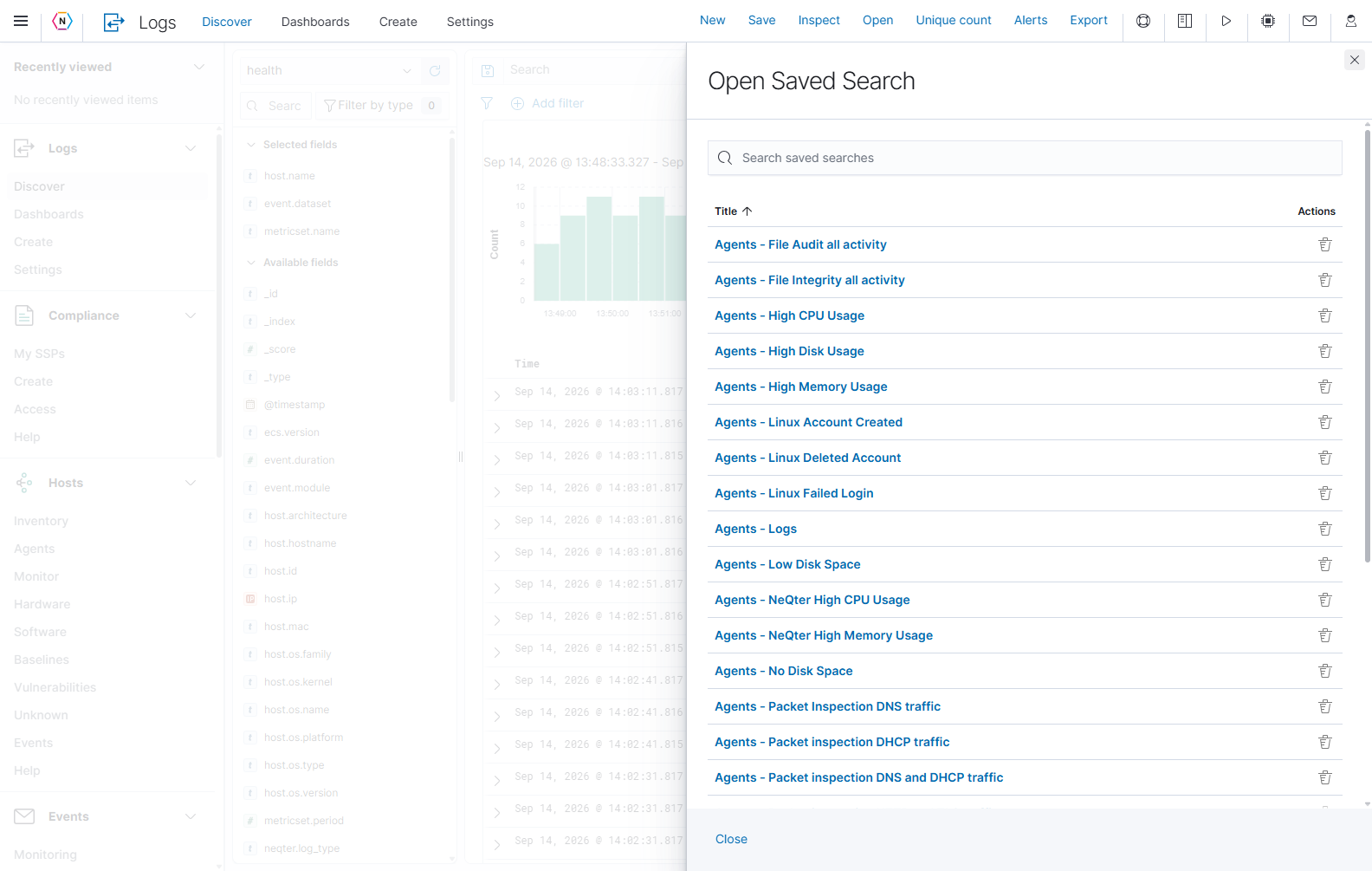 Open Saved Search provides a searchable list of saved searches, paging controls, and a Delete action for each entry.