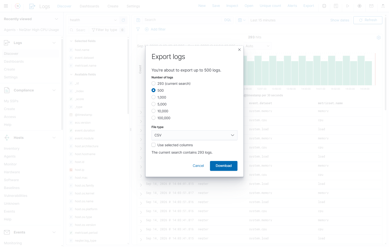 Export logs lets you choose a maximum record count, CSV/XLSX/JSON, and whether to use the selected columns.