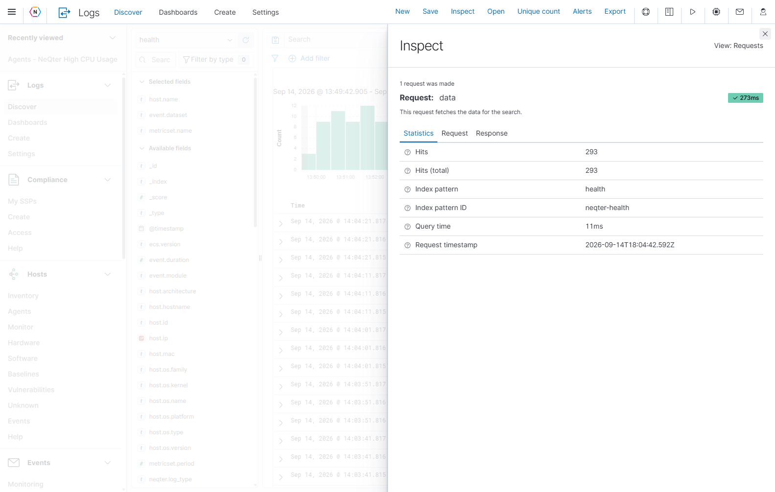Inspect shows the request's statistics, including returned hits, total hits, source, and query timing.