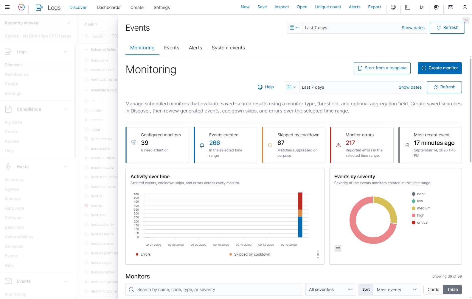The Alerts toolbar button opens Events on the Monitoring tab, with monitor status, activity, and a monitor list.