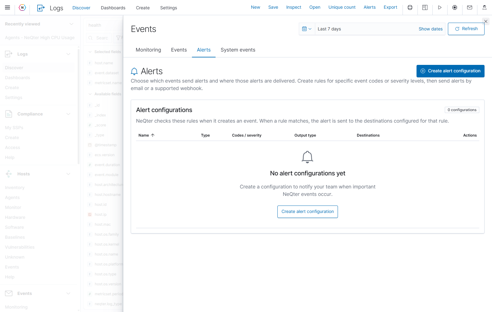 The Alerts tab manages notification configurations; Create alert configuration opens setup.