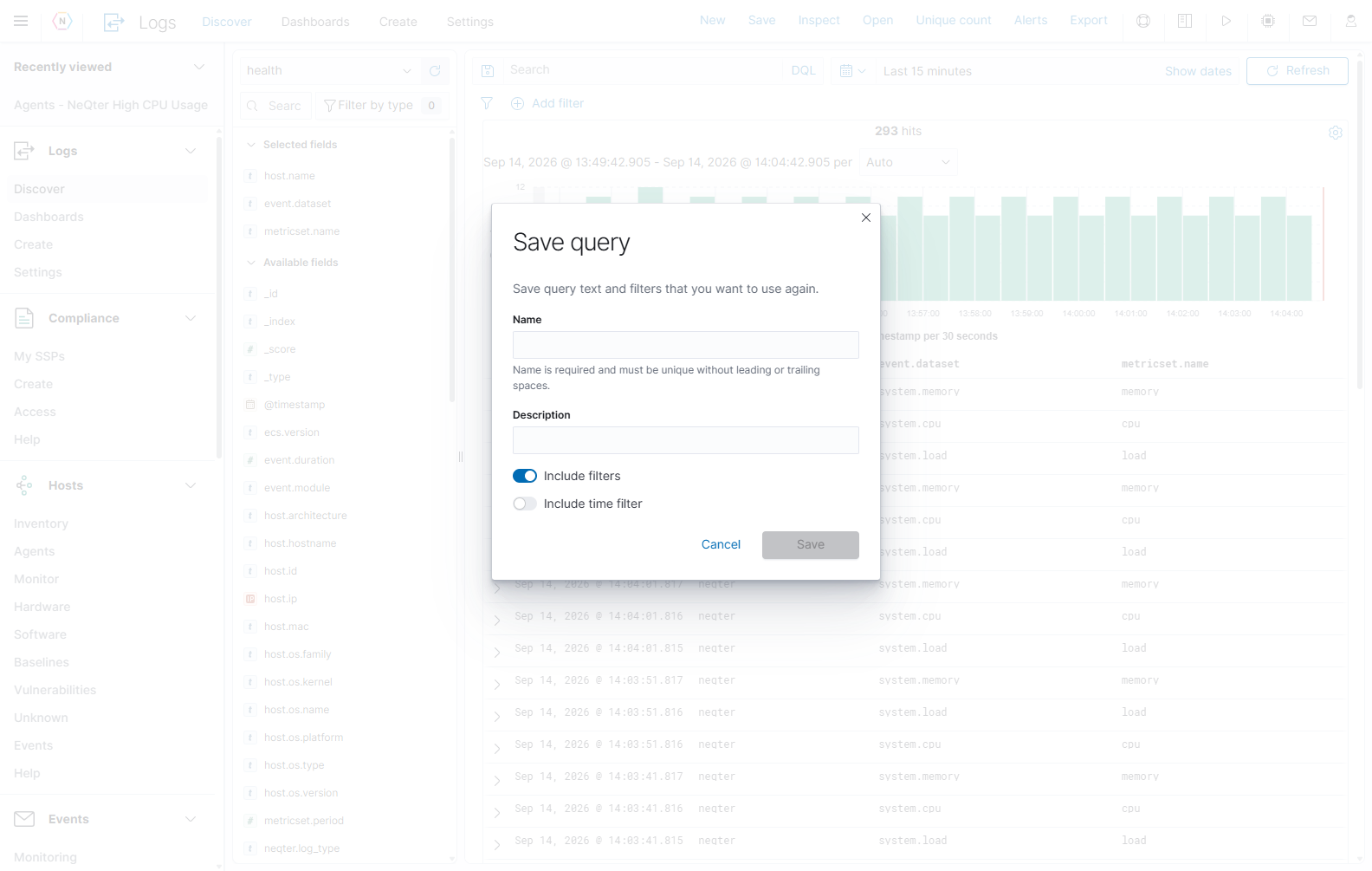 Save query has separate Include filters and Include time filter options. This is different from the toolbar's Save search dialog.