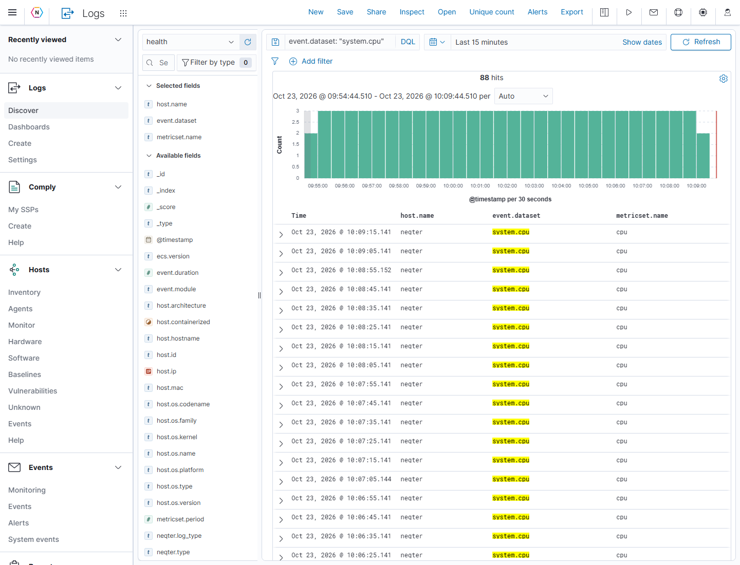 Current Discover toolbar, CPU-event query, selected fields, histogram, and matching event table.