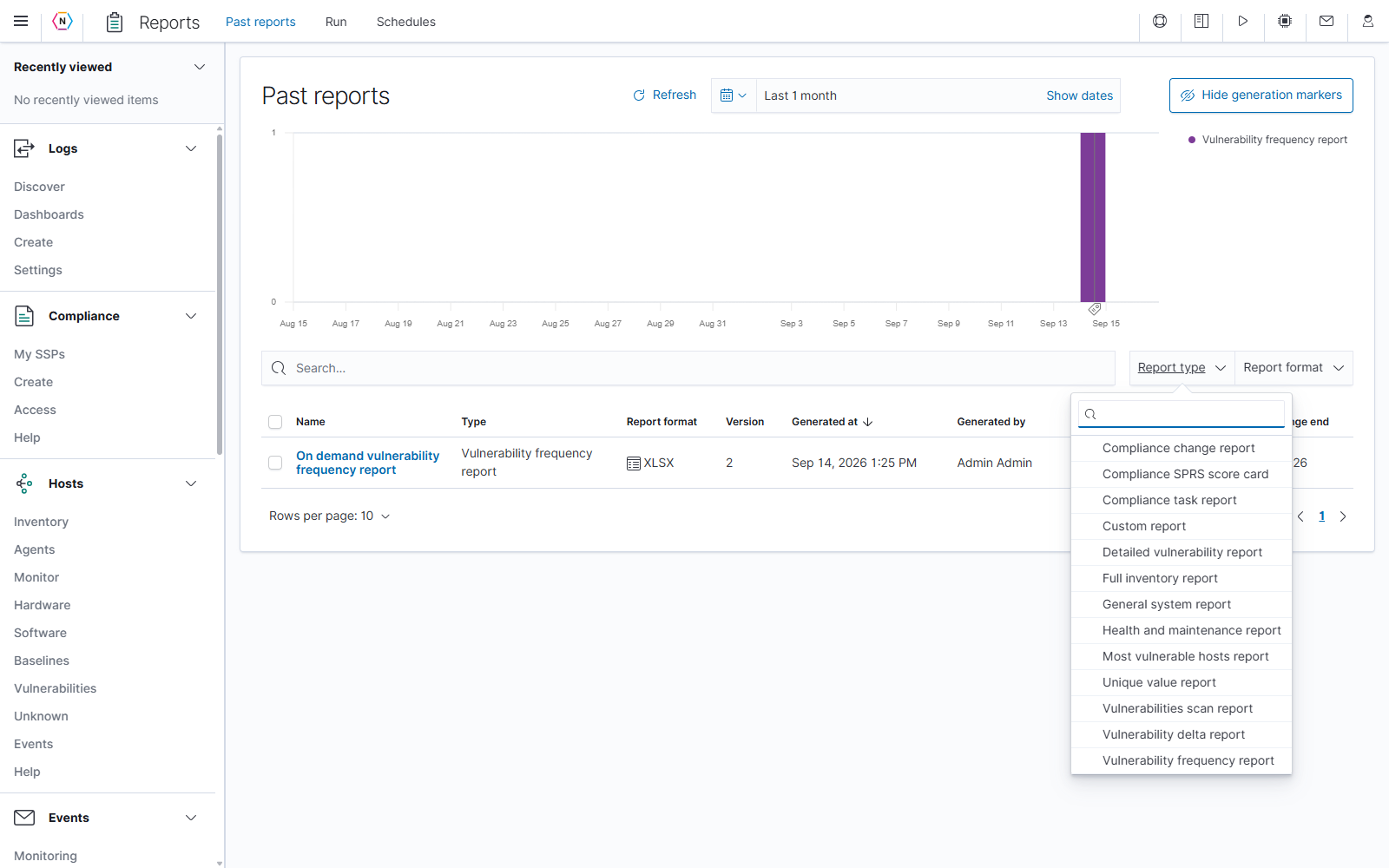 Report type lists the templates that can be used to narrow the Past reports table.