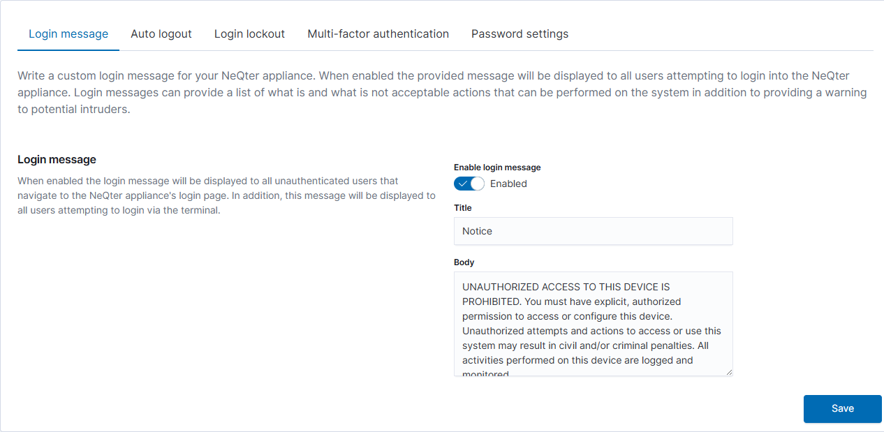 Login message controls, cropped to policy panel without user directory.