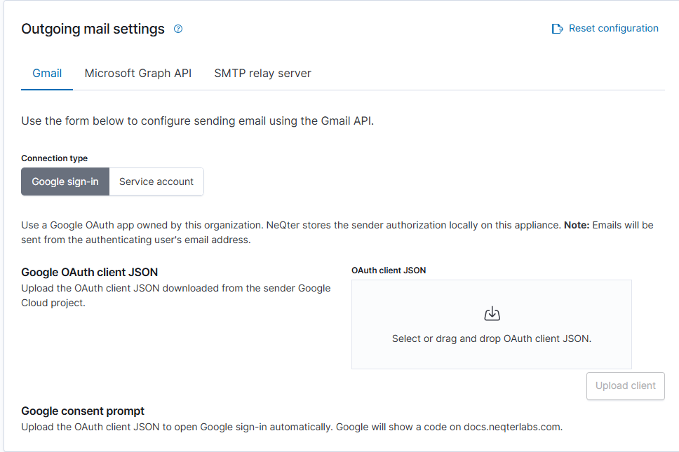 Gmail Google sign-in setup with no account connected and no credential file selected; cropped to outgoing settings.