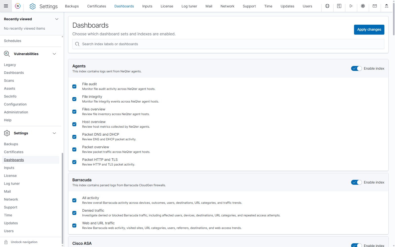 Settings Dashboards with source groups, Enable index switches, individual dashboard checkboxes, and Apply changes