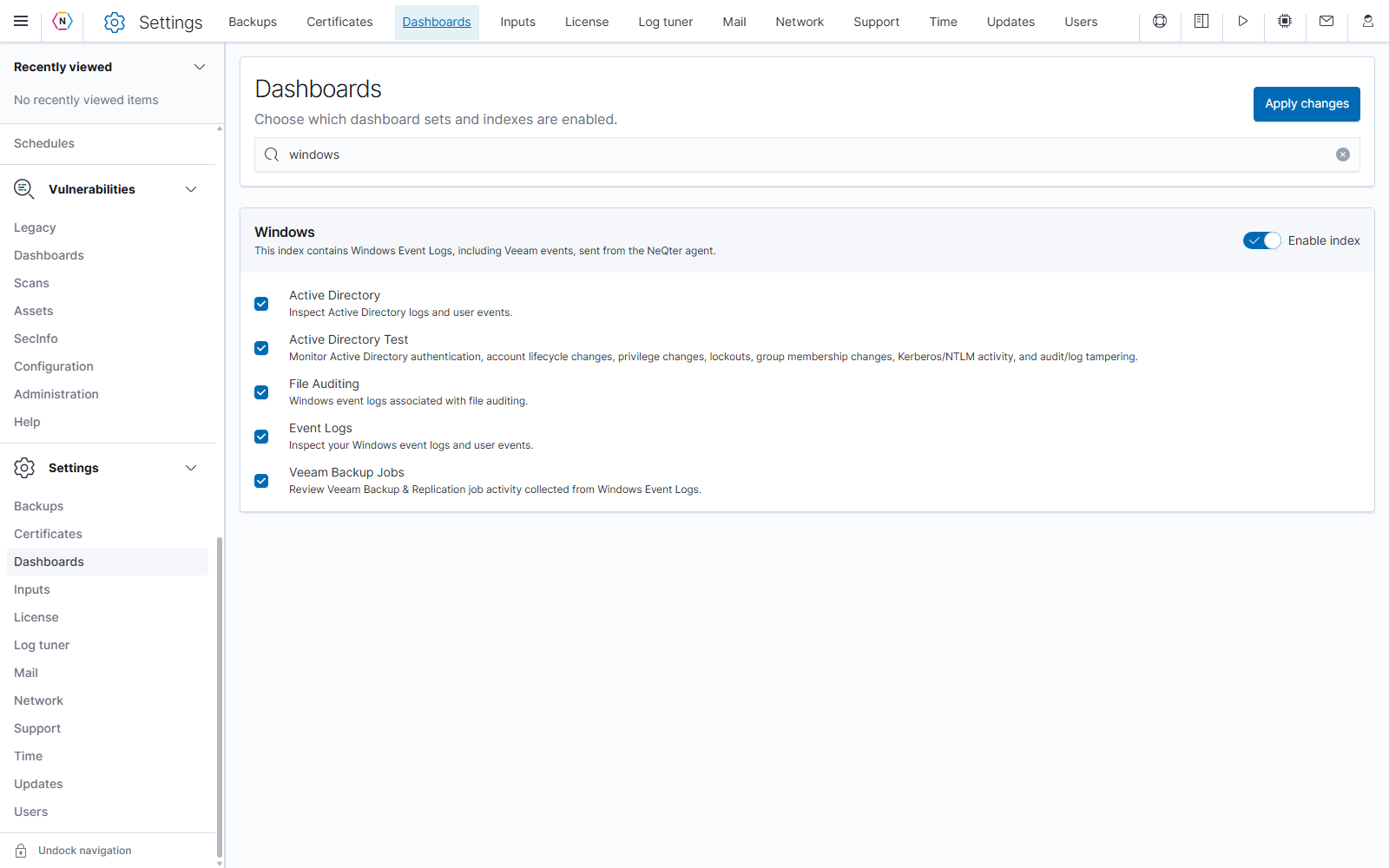 Dashboard configuration filtered to Windows and its supplied dashboard choices