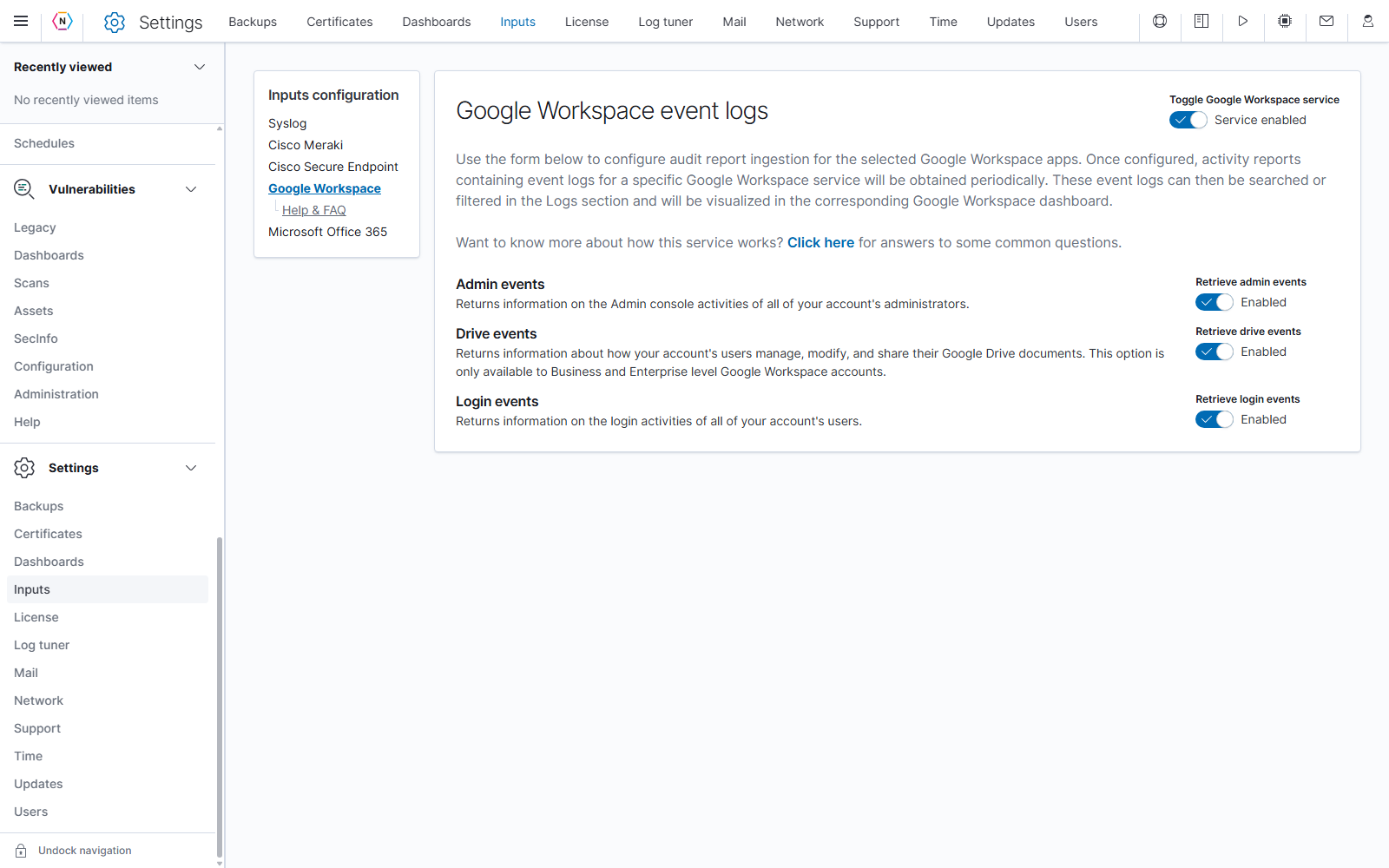 The configured Google Workspace collector shows its service state and separate Admin, Drive, and Login event switches.